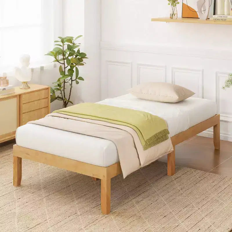 Struttura Letto a Piattaforma in Legno Matrimoniale/Queen Size da 35 cm con Gambe in Legno di Caucciù Spazio Contenitore Sottostante Beige