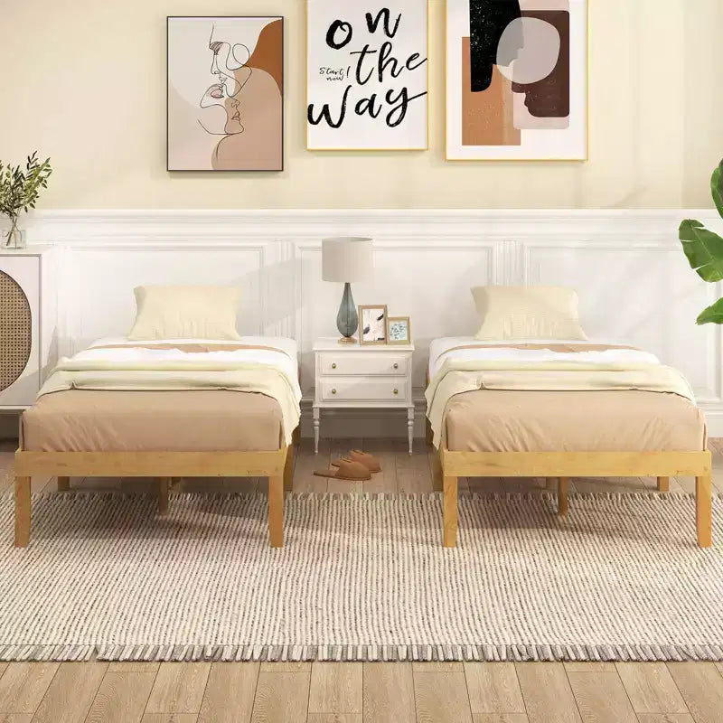 Struttura Letto a Piattaforma in Legno Matrimoniale/Queen Size da 35 cm con Gambe in Legno di Caucciù Spazio Contenitore Sottostante Beige