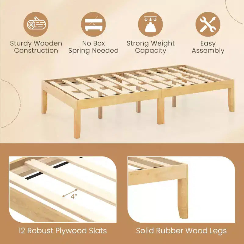 Struttura Letto a Piattaforma in Legno Matrimoniale/Queen Size da 35 cm con Gambe in Legno di Caucciù Spazio Contenitore Sottostante Beige