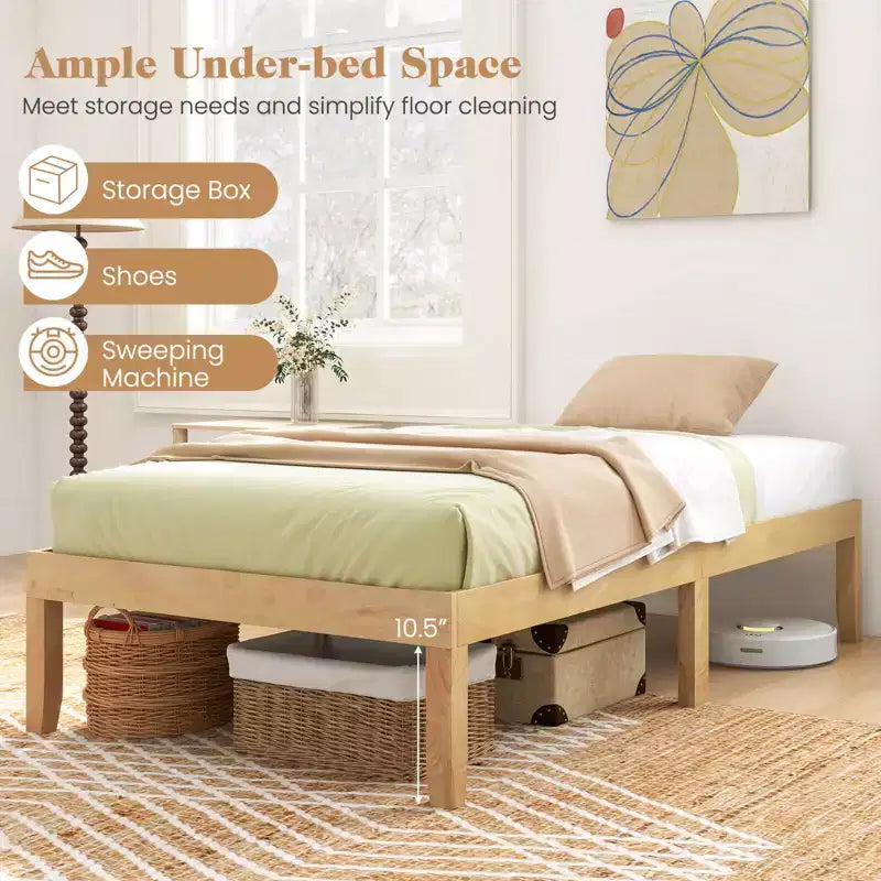 Struttura Letto a Piattaforma in Legno Matrimoniale/Queen Size da 35 cm con Gambe in Legno di Caucciù Spazio Contenitore Sottostante Beige