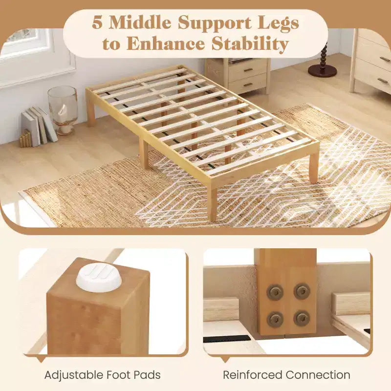 Struttura Letto a Piattaforma in Legno Matrimoniale/Queen Size da 35 cm con Gambe in Legno di Caucciù Spazio Contenitore Sottostante Beige