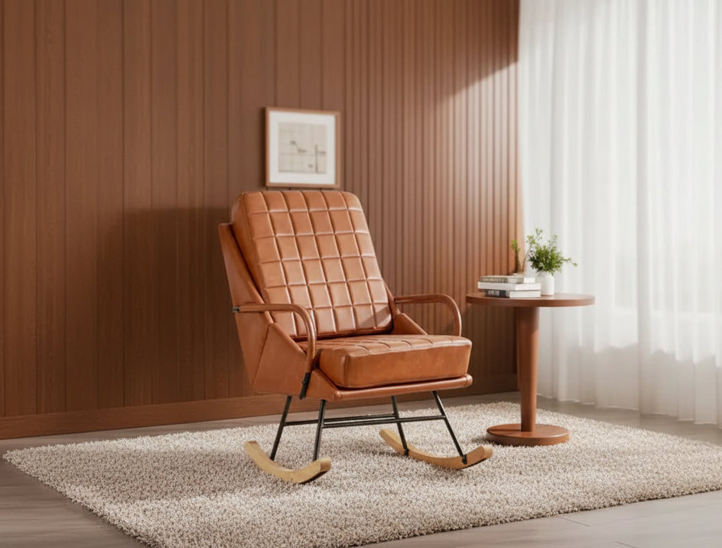 VECELO Upholstered Faux Leather/Teddy Fabric Rocking Chair Modern Lounge Rocker Recliner with Padded Seat, Safe Solid Wood Base White/Brown