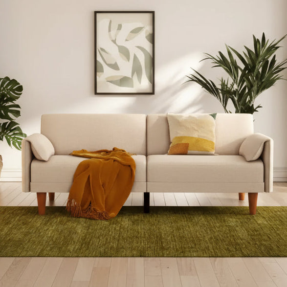 Letto futon a 3 posti con 2 cuscini integrati, tessuto a cesto color sabbia