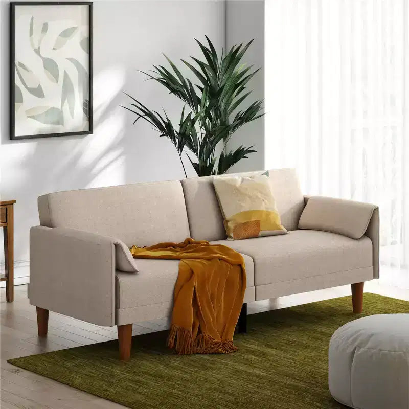 Letto futon a 3 posti con 2 cuscini integrati, tessuto a cesto color sabbia