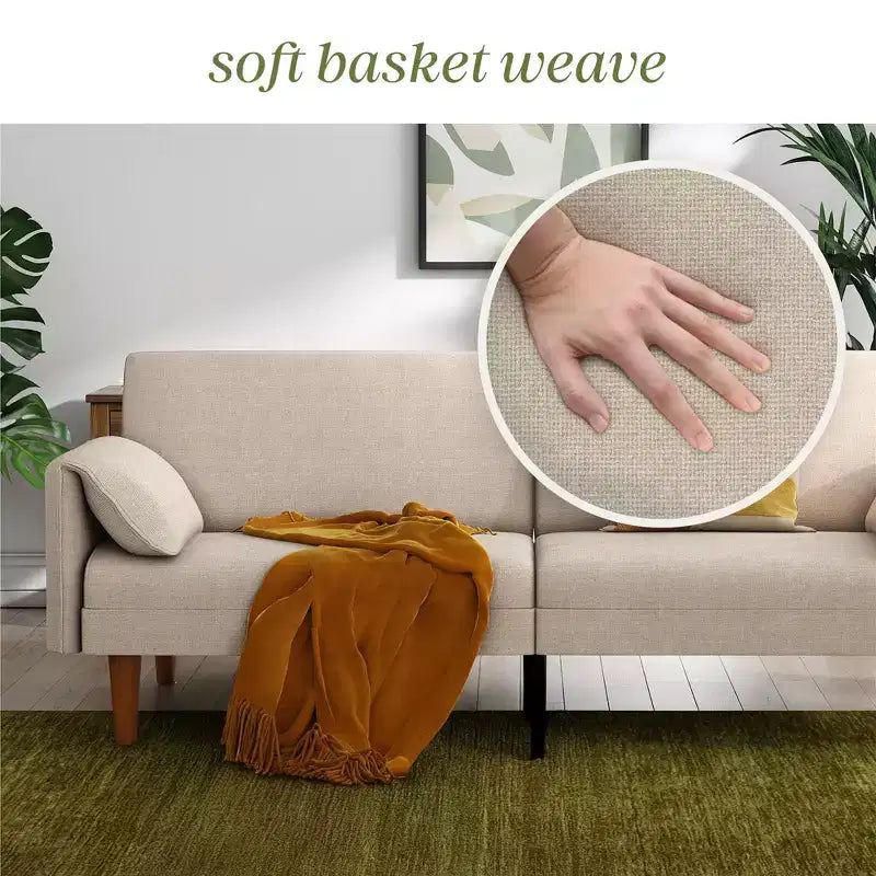 Letto futon a 3 posti con 2 cuscini integrati, tessuto a cesto color sabbia