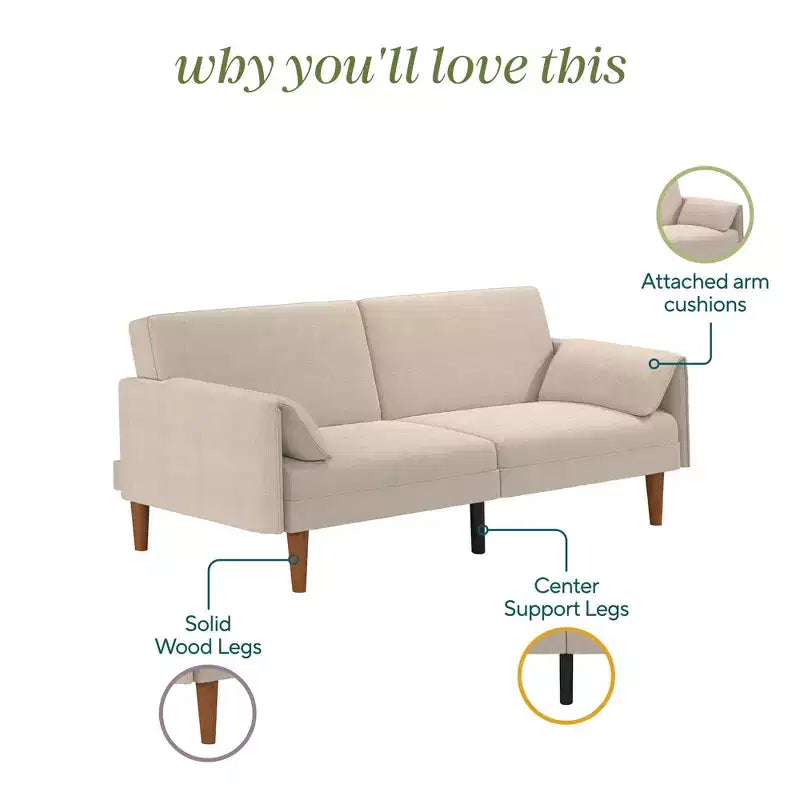 Letto futon a 3 posti con 2 cuscini integrati, tessuto a cesto color sabbia