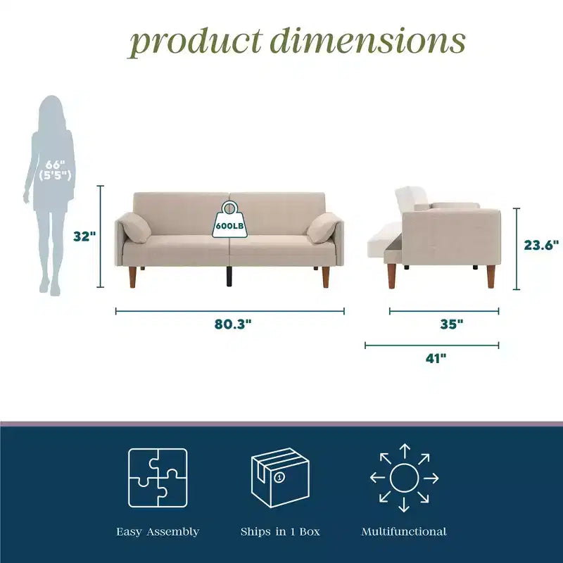 Letto futon a 3 posti con 2 cuscini integrati, tessuto a cesto color sabbia