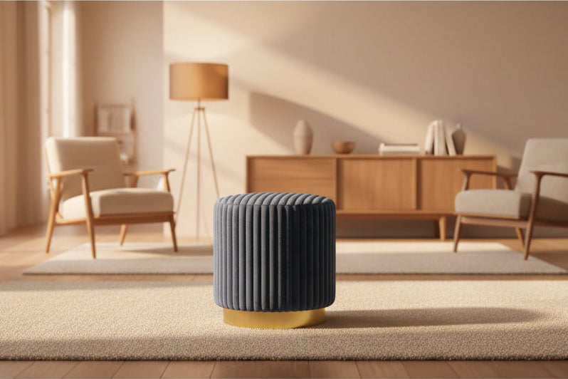 TUYOHW 16 Round Accent Stool,Fur-Like Fabric Tufted Ottoman with Gold Stainless Steel Base,Channel-Tufted Pouf for Living Room,Bedroom,Gray