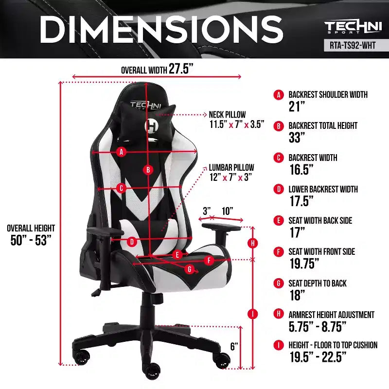 Sedia da gaming ergonomica regolabile, sedia da ufficio girevole a 360° con cuscino poggiatesta e lombare, reclinabile a 90-150°, portata massima 113 kg, bianca