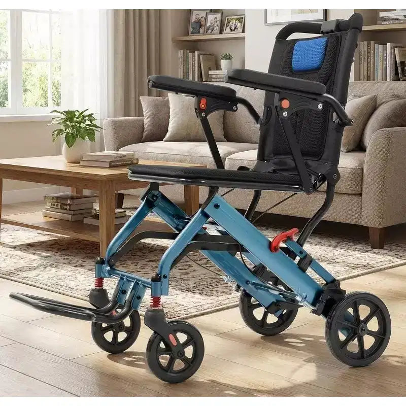 Carrozzina Leggera con Sedile Ampio e Ammortizzatori, Telaio in Alluminio Aeronautico, Sistema Frenante a Due Stadi, Ruote Posteriori da 10", Portatile e Durevole