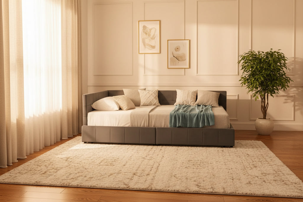 MAYEERTY Full Size Storage Upholstered Tufted Bed Frame with Backrest and Armrests for Bedroom Living Room Dark Gray