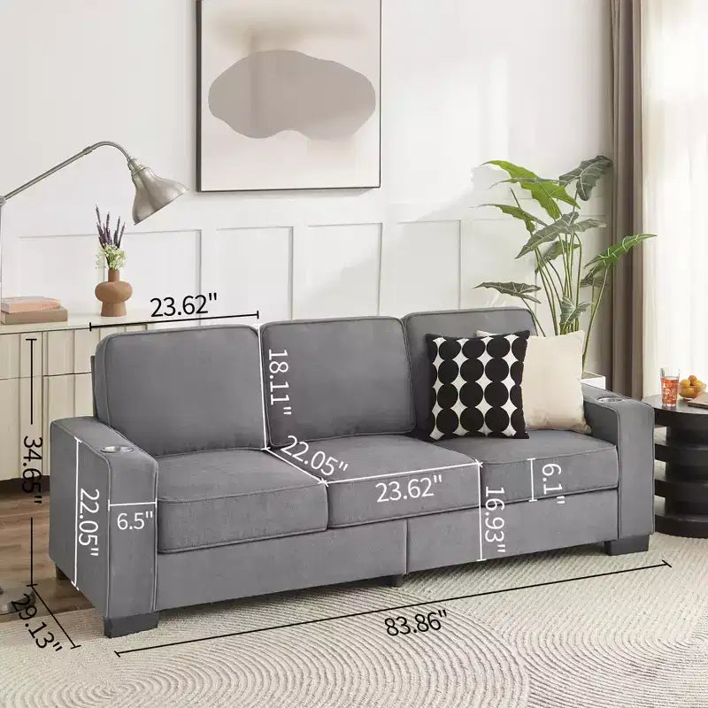 Divano moderno da 83,86 pollici, divano a 3 posti con 2 portabicchieri per soggiorno, camera da letto, ufficio, appartamento