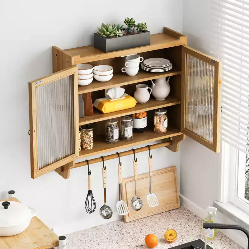 Mobile pensile vintage da 63 cm con anta in vetro, doppia anta, tre ripiani e portasciugamani, per bagno, cucina, sala da pranzo, naturale