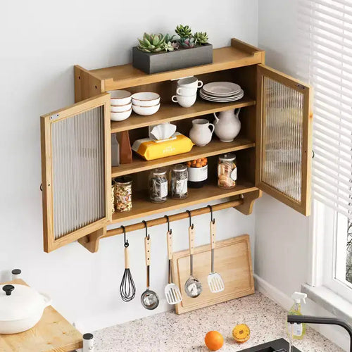 Mobile pensile vintage da 63 cm con anta in vetro, doppia anta, tre ripiani e portasciugamani, per bagno, cucina, sala da pranzo, naturale