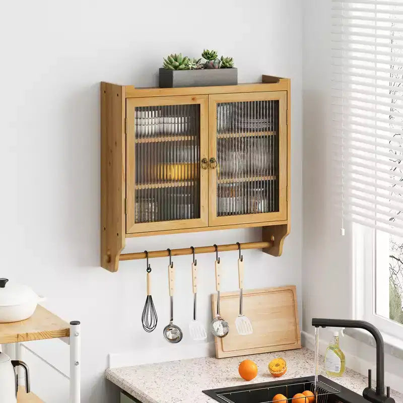 Mobile pensile vintage da 63 cm con anta in vetro, doppia anta, tre ripiani e portasciugamani, per bagno, cucina, sala da pranzo, naturale
