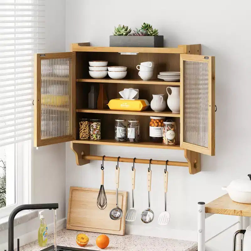 Mobile pensile vintage da 63 cm con anta in vetro, doppia anta, tre ripiani e portasciugamani, per bagno, cucina, sala da pranzo, naturale