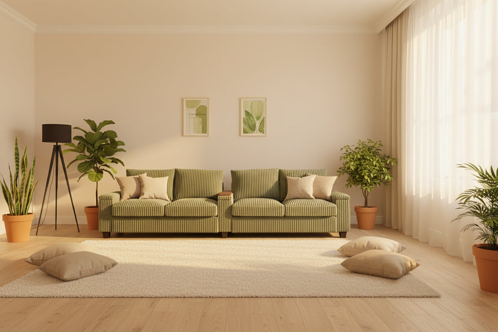 MAYEERTY 4 Seater Corduroy Sofa Couch 133 Modern Sofa with Ports Hidden Storage Arms Flip Top Cup Holders for Living Room Green