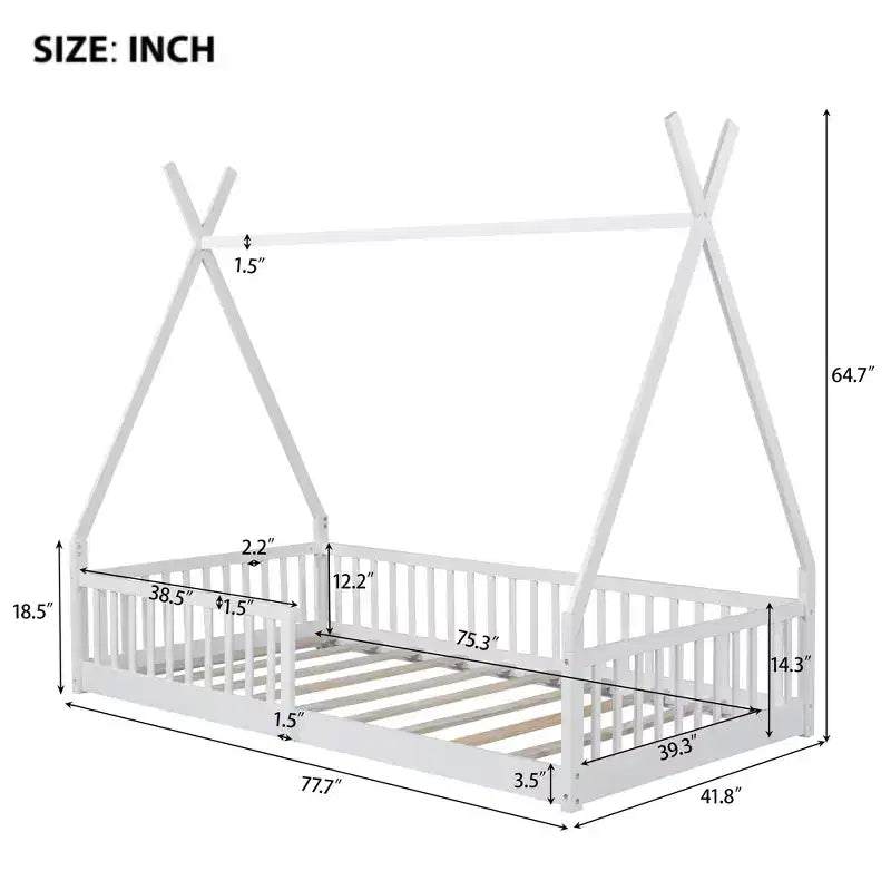 Struttura letto a tenda formato singolo con sponde protettive e recinzione, lettino a casetta in legno per sala giochi e camera da letto