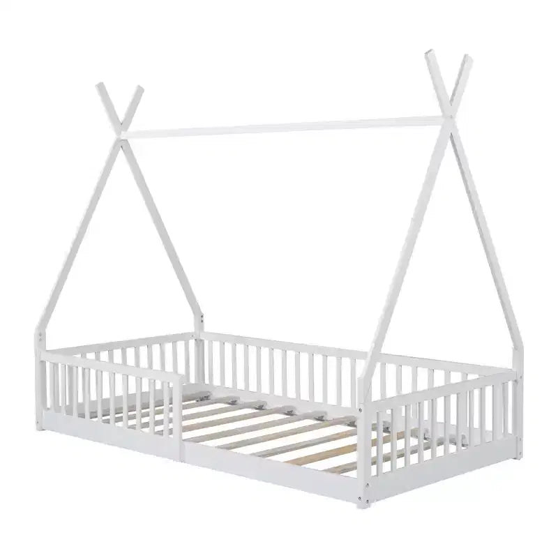 Struttura letto a tenda formato singolo con sponde protettive e recinzione, lettino a casetta in legno per sala giochi e camera da letto