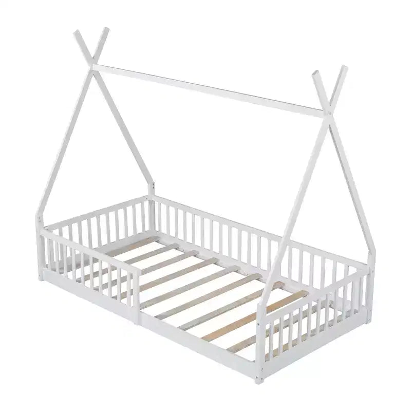 Struttura letto a tenda formato singolo con sponde protettive e recinzione, lettino a casetta in legno per sala giochi e camera da letto