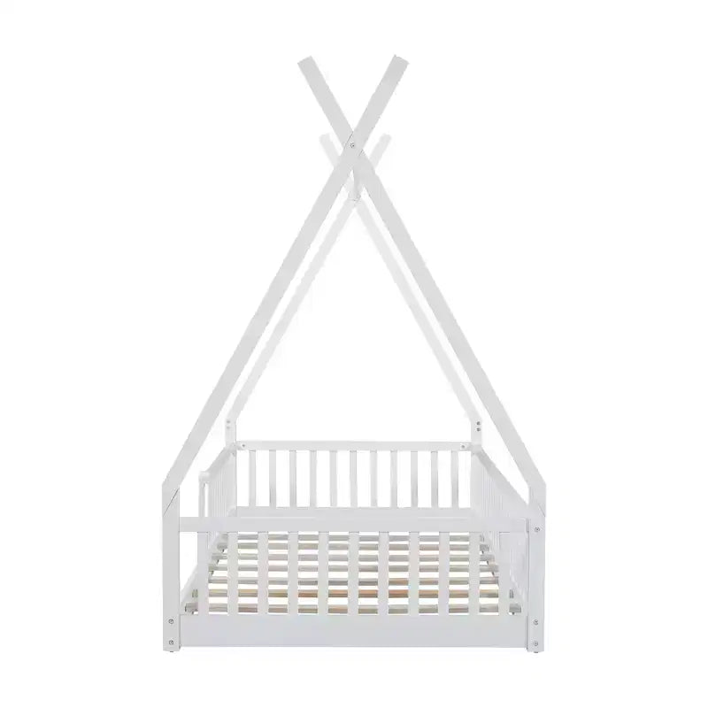 Struttura letto a tenda formato singolo con sponde protettive e recinzione, lettino a casetta in legno per sala giochi e camera da letto