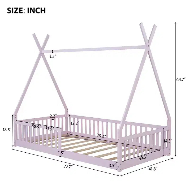 Struttura letto a tenda formato singolo con sponde protettive e recinzione, lettino a casetta in legno per sala giochi e camera da letto