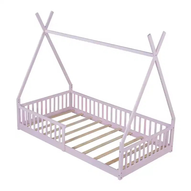 Struttura letto a tenda formato singolo con sponde protettive e recinzione, lettino a casetta in legno per sala giochi e camera da letto