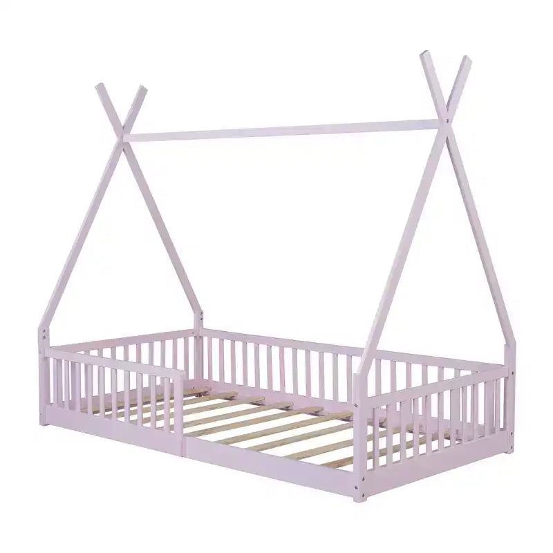 Struttura letto a tenda formato singolo con sponde protettive e recinzione, lettino a casetta in legno per sala giochi e camera da letto