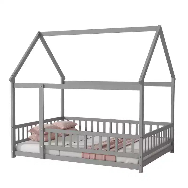 Letto a casetta a pavimento di dimensioni standard con telaio del tetto, sponde di sicurezza, letto a casetta a pavimento in legno con recinzione, non richiede rete a molle.