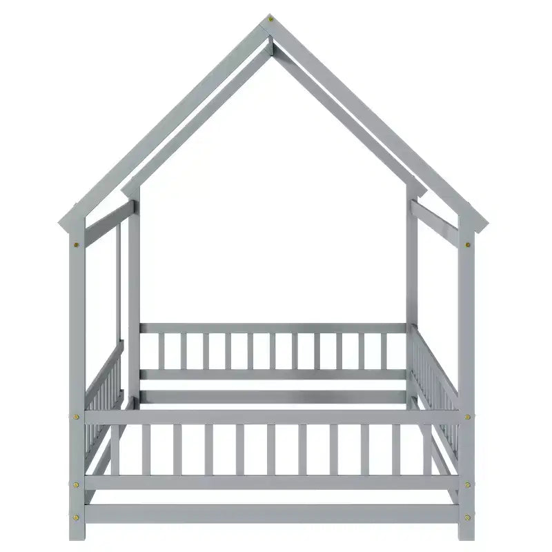 Letto a casetta a pavimento di dimensioni standard con telaio del tetto, sponde di sicurezza, letto a casetta a pavimento in legno con recinzione, non richiede rete a molle.
