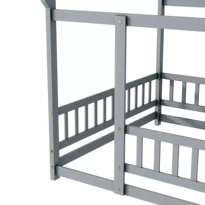 Letto a casetta a pavimento di dimensioni standard con telaio del tetto, sponde di sicurezza, letto a casetta a pavimento in legno con recinzione, non richiede rete a molle.