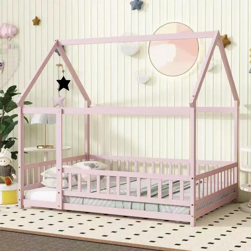 Letto a casetta a pavimento di dimensioni standard con telaio del tetto, sponde di sicurezza, letto a casetta a pavimento in legno con recinzione, non richiede rete a molle.