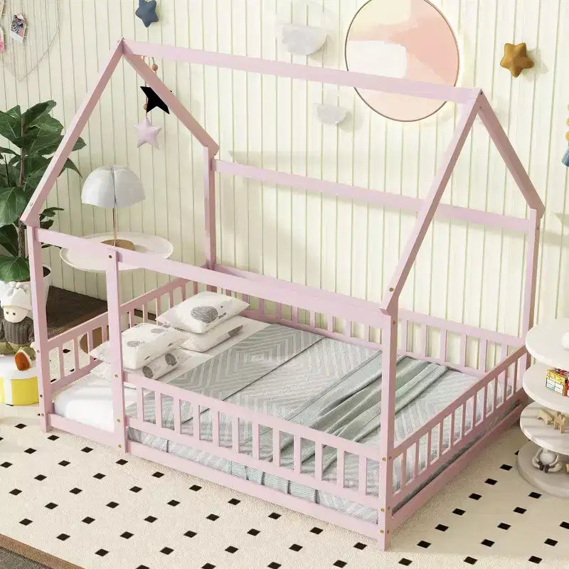 Letto a casetta a pavimento di dimensioni standard con telaio del tetto, sponde di sicurezza, letto a casetta a pavimento in legno con recinzione, non richiede rete a molle.