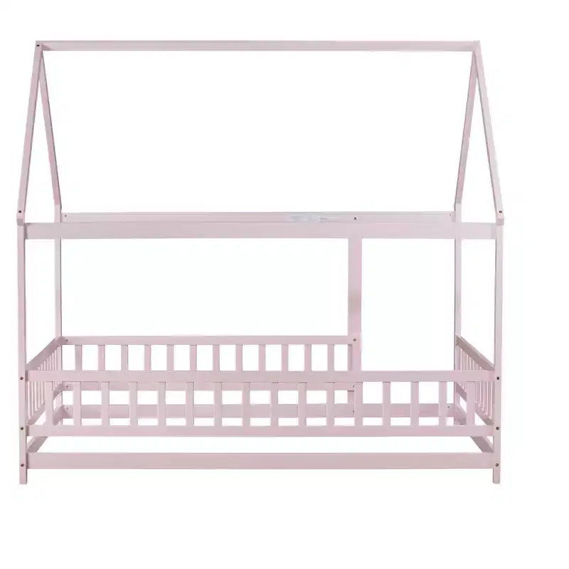 Letto a casetta a pavimento di dimensioni standard con telaio del tetto, sponde di sicurezza, letto a casetta a pavimento in legno con recinzione, non richiede rete a molle.