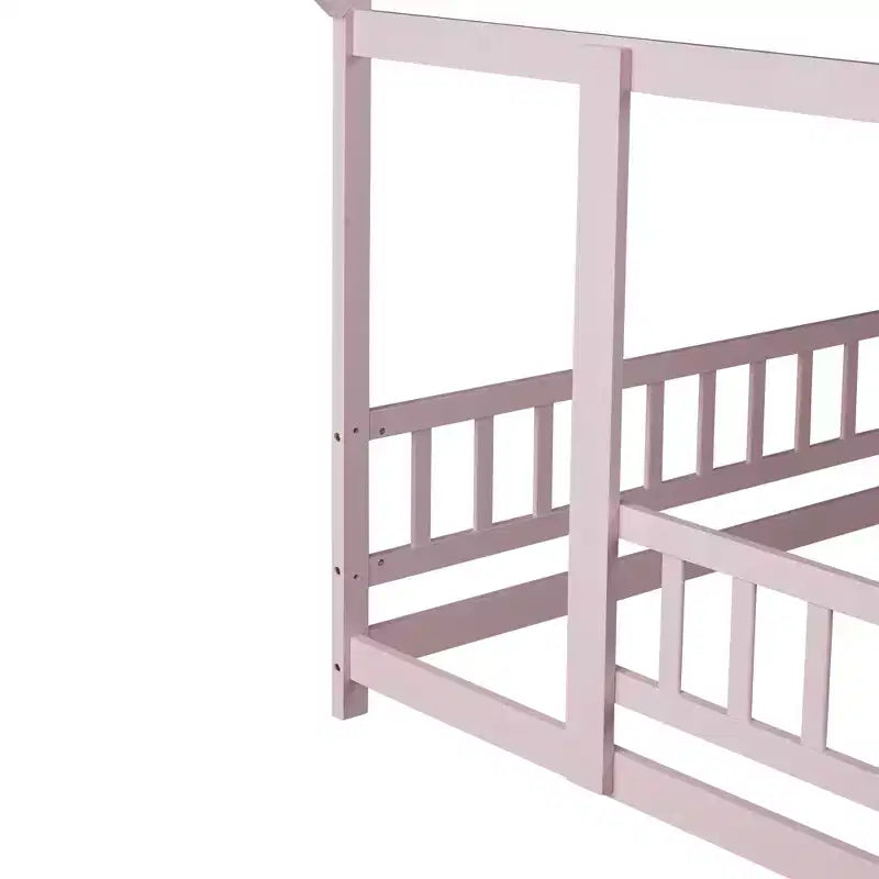 Letto a casetta a pavimento di dimensioni standard con telaio del tetto, sponde di sicurezza, letto a casetta a pavimento in legno con recinzione, non richiede rete a molle.