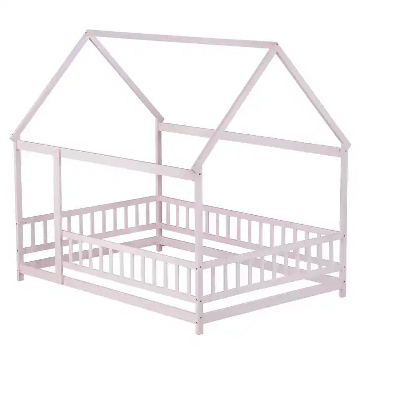 Letto a casetta a pavimento di dimensioni standard con telaio del tetto, sponde di sicurezza, letto a casetta a pavimento in legno con recinzione, non richiede rete a molle.
