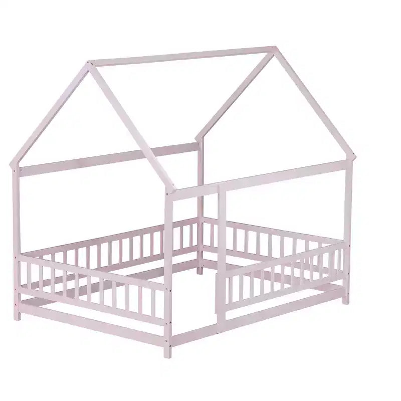Letto a casetta a pavimento di dimensioni standard con telaio del tetto, sponde di sicurezza, letto a casetta a pavimento in legno con recinzione, non richiede rete a molle.