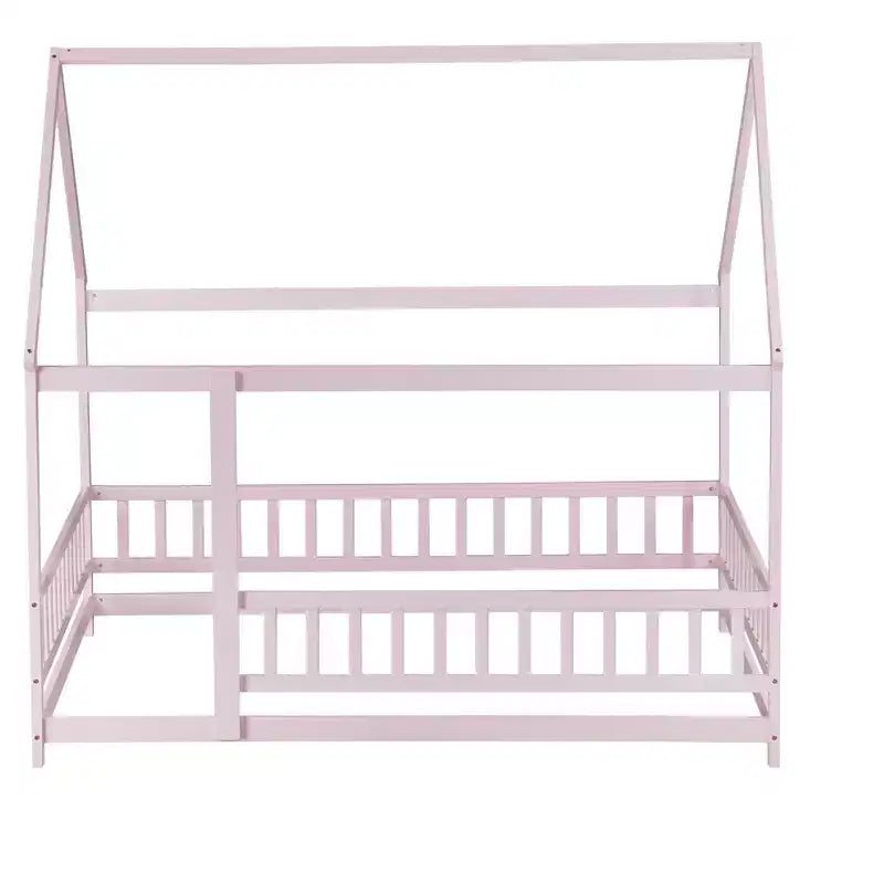 Letto a casetta a pavimento di dimensioni standard con telaio del tetto, sponde di sicurezza, letto a casetta a pavimento in legno con recinzione, non richiede rete a molle.