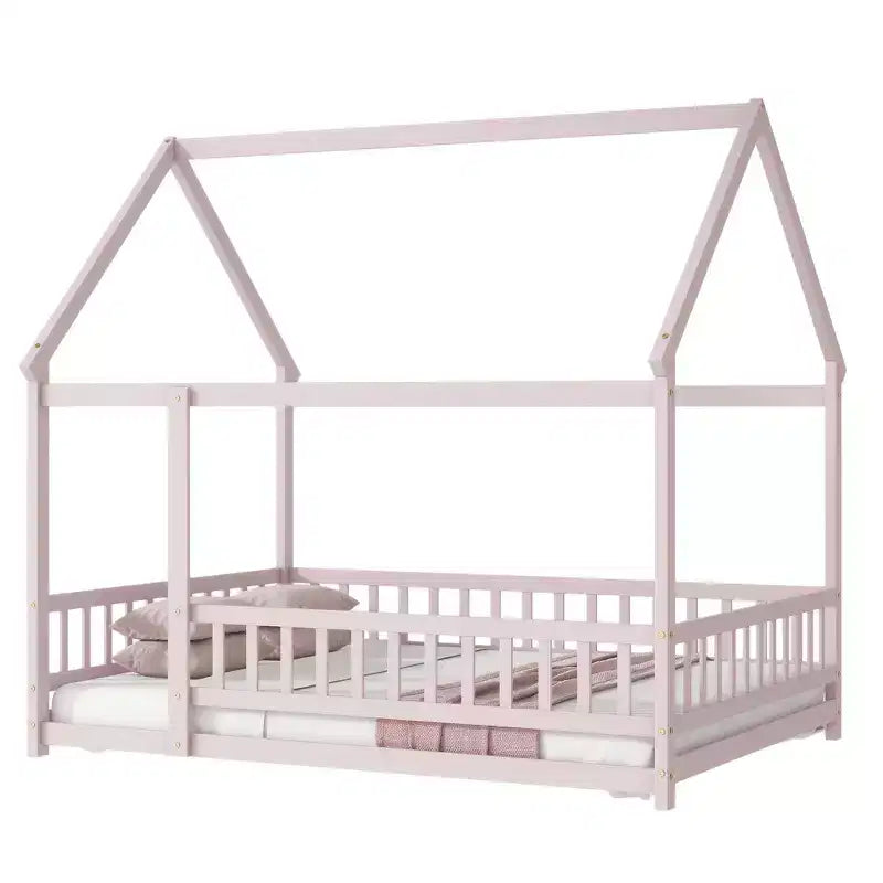 Letto a casetta a pavimento di dimensioni standard con telaio del tetto, sponde di sicurezza, letto a casetta a pavimento in legno con recinzione, non richiede rete a molle.