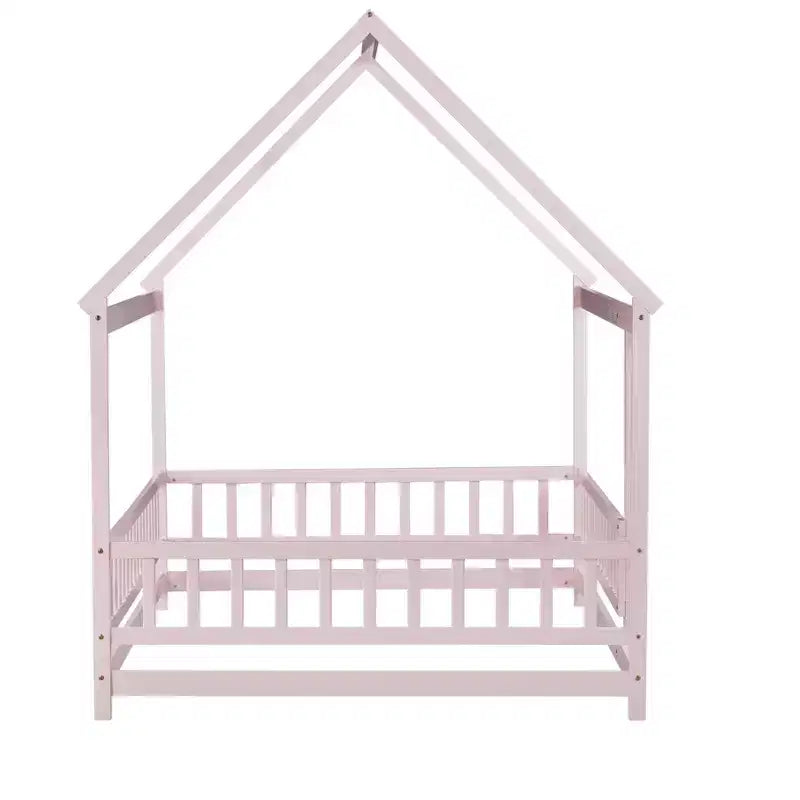Letto a casetta a pavimento di dimensioni standard con telaio del tetto, sponde di sicurezza, letto a casetta a pavimento in legno con recinzione, non richiede rete a molle.