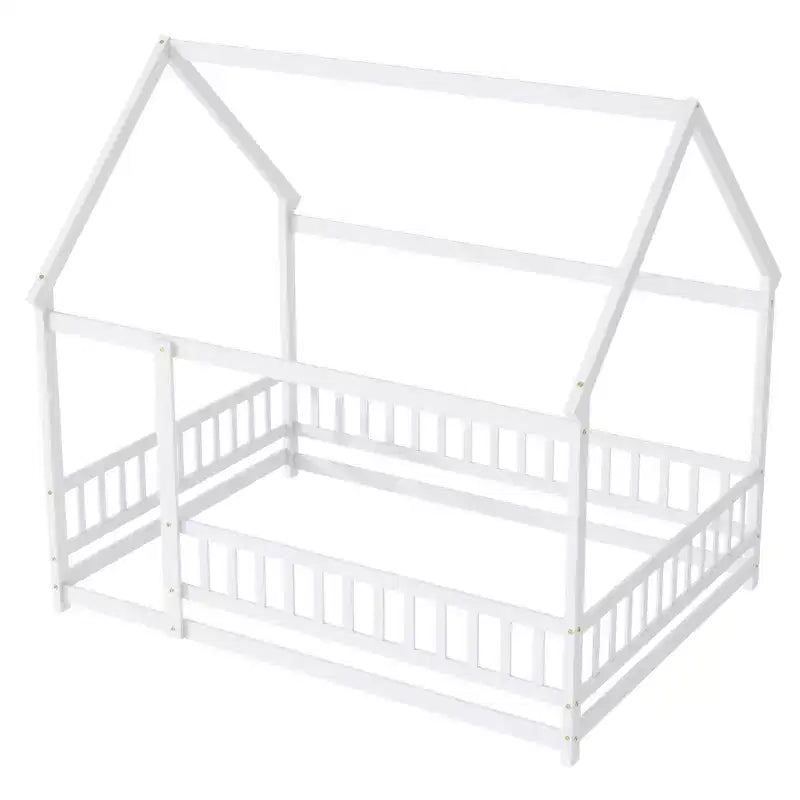 Letto a casetta a pavimento di dimensioni standard con telaio del tetto, sponde di sicurezza, letto a casetta a pavimento in legno con recinzione, non richiede rete a molle.