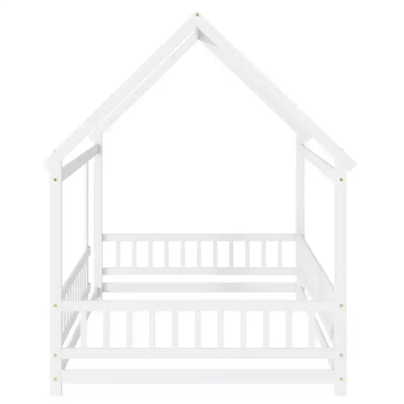 Letto a casetta a pavimento di dimensioni standard con telaio del tetto, sponde di sicurezza, letto a casetta a pavimento in legno con recinzione, non richiede rete a molle.