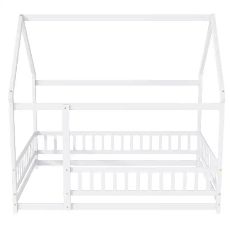 Letto a casetta a pavimento di dimensioni standard con telaio del tetto, sponde di sicurezza, letto a casetta a pavimento in legno con recinzione, non richiede rete a molle.