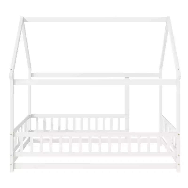 Letto a casetta a pavimento di dimensioni standard con telaio del tetto, sponde di sicurezza, letto a casetta a pavimento in legno con recinzione, non richiede rete a molle.