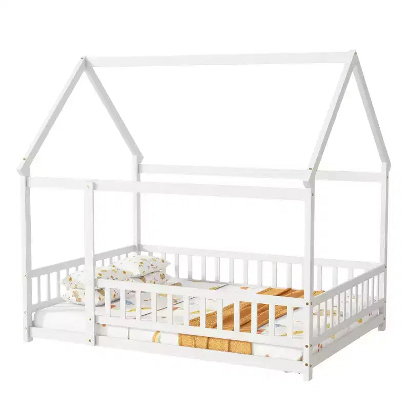 Letto a casetta a pavimento di dimensioni standard con telaio del tetto, sponde di sicurezza, letto a casetta a pavimento in legno con recinzione, non richiede rete a molle.