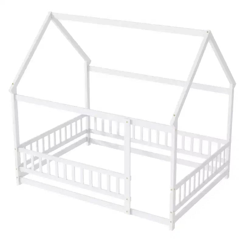 Letto a casetta a pavimento di dimensioni standard con telaio del tetto, sponde di sicurezza, letto a casetta a pavimento in legno con recinzione, non richiede rete a molle.