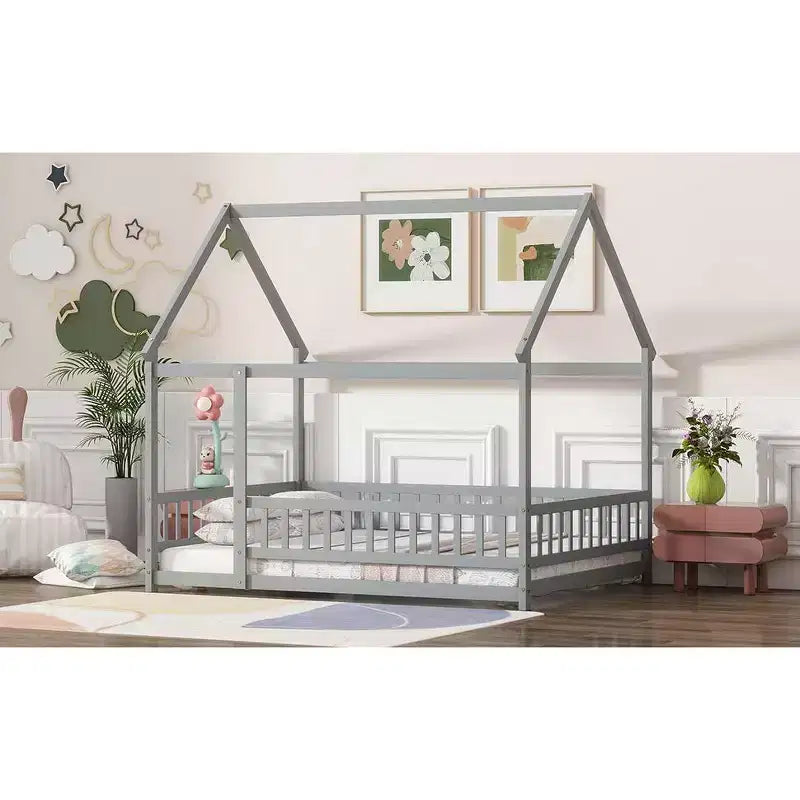 Letto a casetta a pavimento di dimensioni standard con telaio del tetto, sponde di sicurezza, letto a casetta a pavimento in legno con recinzione, non richiede rete a molle.
