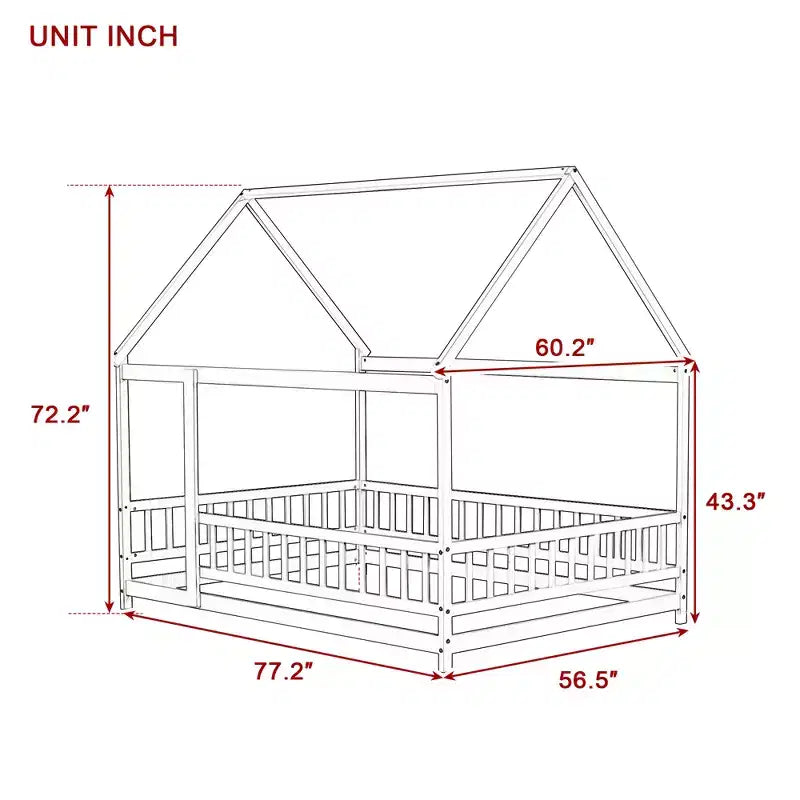 Letto a casetta a pavimento di dimensioni standard con telaio del tetto, sponde di sicurezza, letto a casetta a pavimento in legno con recinzione, non richiede rete a molle.