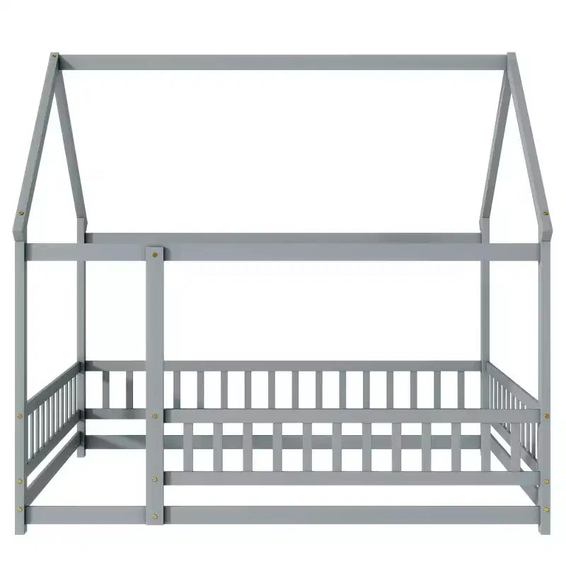 Letto a casetta a pavimento di dimensioni standard con telaio del tetto, sponde di sicurezza, letto a casetta a pavimento in legno con recinzione, non richiede rete a molle.