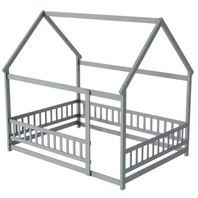 Letto a casetta a pavimento di dimensioni standard con telaio del tetto, sponde di sicurezza, letto a casetta a pavimento in legno con recinzione, non richiede rete a molle.